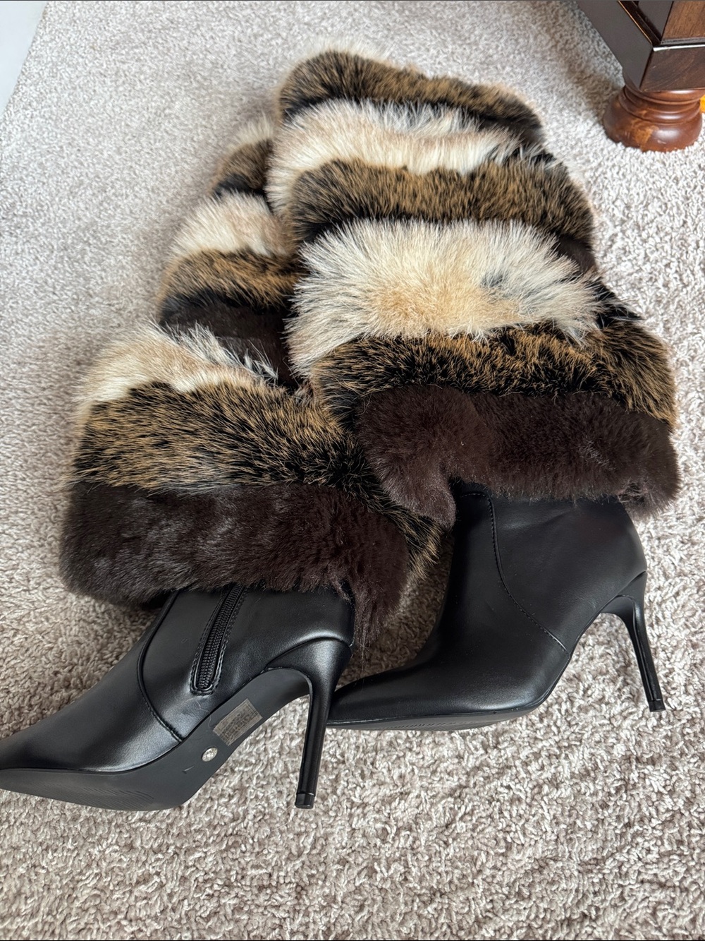 AKIRA Black Leather Stiletto Ankle Boots with Multi-Tone Faux Fur Cuffs